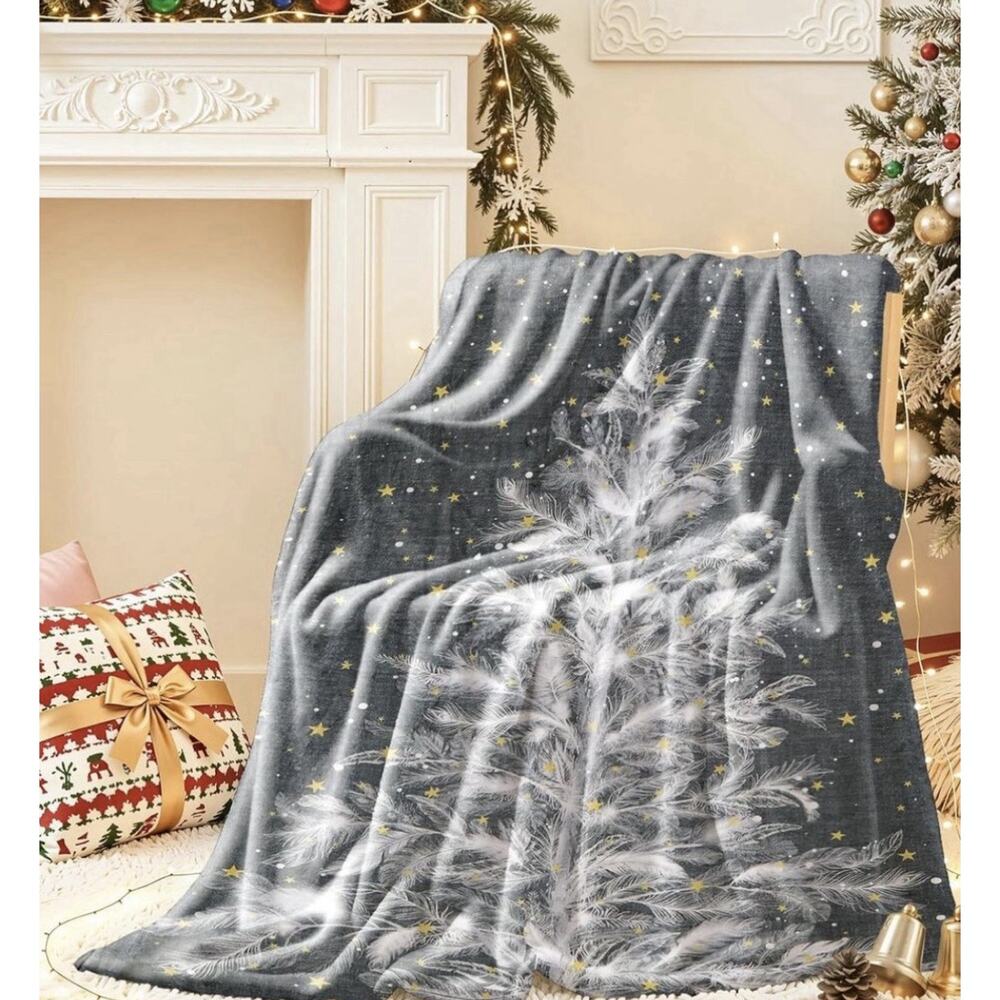 Christmas Tree Throw Blanket Holiday Pattern Decor Soft Fleece Gray 50X60